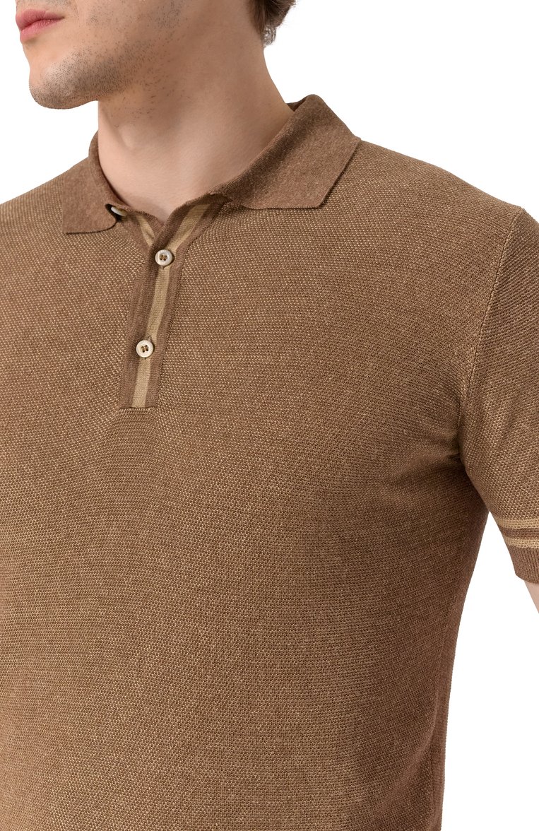 Мужское поло из шелка и льна CORNELIANI бежевого цвета, арт. 25M562-2525177 | Фото 5 (Длина (для топов): Стандартные; Материал внешний: Лен, Шелк; Рукава: Короткие; Кросс-КТ: Трикотаж; Принт: Без принта; Застежка: Пуговицы; Стили: Кэжуэл)