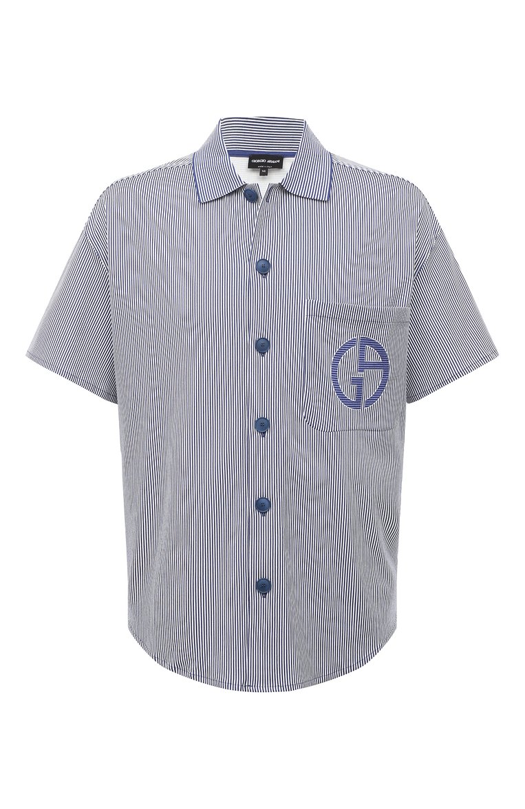 Мужская хлопковая рубашка GIORGIO ARMANI синего цвета, арт. 6RSC50/SJBPZ | Фото 1 (Рукава: Короткие; Материал внешний: Хлопок; Длина (для топов): Стандартные; Принт: Полоска; Случай: Повседневный; Воротник: Акула; Стили: Кэжуэл)