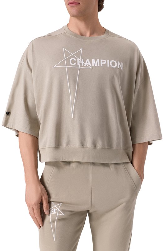 Хлопковая футболка Rick Owens x Champion Rick Owens CM01E1677/CHJG Бежевый  CM01E1677/CHJG Фото 3