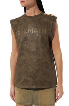 Женская хлопковая майка BALMAIN хаки цвета, арт. AF1ED000BC20 | Фото 3 (Длина (для топов): Стандартные; Материал сплава: Проставлено; Материал внешний: Хлопок; Стили: Спорт-шик; Рукава: Без рукавов; Драгоценные камни: Проставлено)