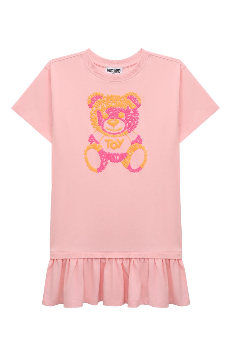 Детское хлопковое платье MOSCHINO светло-розового цвета, арт. HDV0CP/LBA00/4 | Фото 1 (Рукава: Короткие; Материал внешний: Хлопок; Девочки К�росс-КТ: Платье-одежда; Случай: Повседневный; Нос: Не проставлено)