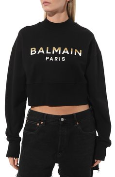 Женский хлопковый свитшот BALMAIN черного цвета, арт. BF0J0042/BC55 | Фото 3 (Рукава: Длинные; Материал сплава: Проставлено; Материал внешний: Хлопок; Стили: Спорт-шик; Драгоценные камни: Проставлено; Длина (для топов): Укороченные; Женское Кросс-КТ: Свитшот-одежда)