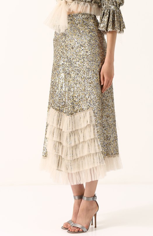 Юбка-миди с пайетками с оборками Rodarte Золотой, фото 3