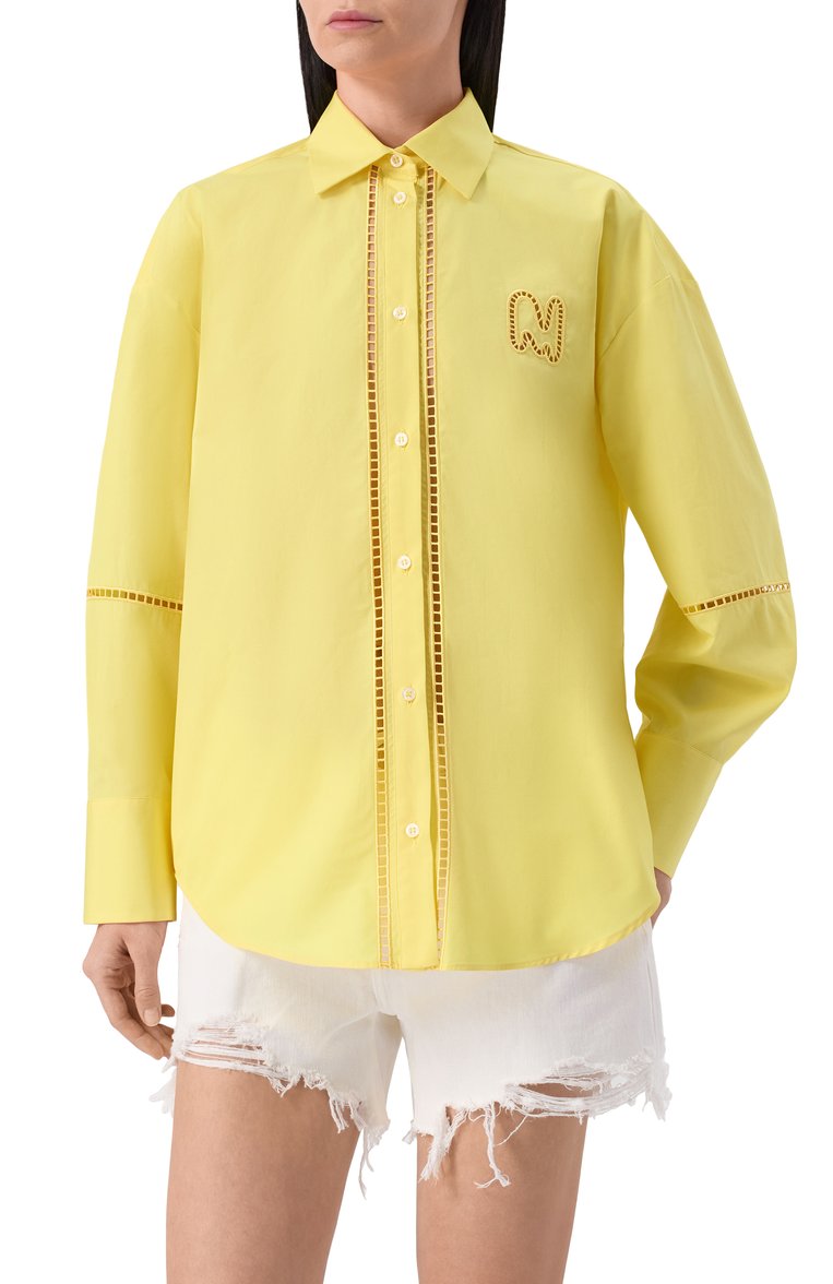 Женская хлопковая рубашка MSGM желтого цвета, арт. 3841MDE10X/257100 | Фото 3 (Рукава: Длинные; Материал внешний: Хлопок; Длина (для топов): Удлиненные; Женское Кросс-КТ: Рубашка-одежда; Принт: Без принта; Стили: Кэжуэл; Автоматизация ТО: Проставлено; Автоматизация состава: Проставлено; Детали: Декор)