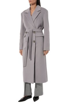 Женское пальто из шерсти и вискозы LESYANEBO серого цвета, арт. ICONIC/H-405/OLZ | Фото 3 (Материал внешний: Шерсть; Рукава: Длинные; Материал сплава: Проставлено; Стили: Классический; Длина (верхняя одежда): Длинные; Драгоценные камни: Проставлено; 1-2-бортные: Двубортные)