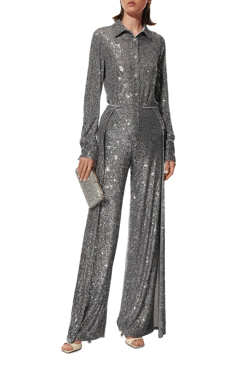 Женская рубашка с отделкой пайетками TOM FORD серебряного цвета, арт. CA3204-FAE381 | Фото 2 (Длина (для топов): Стандартные; Рукава: Длинные; Материал внешний: Синтетический материал; Женское Кросс-КТ: Рубашка-одежда; Стили: Гламурный, Кэжуэл; Принт: Без принта; Автоматизация ТО: Проставлено; Автоматизация состава: Проставлено; Детали: Декор)