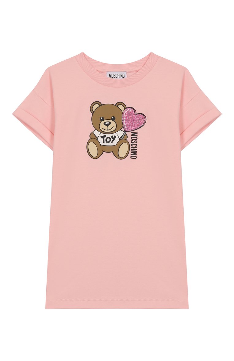 Детское хлопковое платье MOSCHINO светло-розового цвета, арт. HDV0G9/LAA40/4-8 | Фото 1 (Рукава: Короткие; Материал внешний: Хлопок; Девочки Кросс-КТ: Платье-одежда; Случай: Повседневный; Автоматизация состава: Проставлено; Автоматизация ТО: Проставлено; Тематический товар: Teddy Bear; Ростовка одежда: 5 лет | 110 см, 6 лет | 116 см, 8 лет | 128 см, 4 года | 104 см)