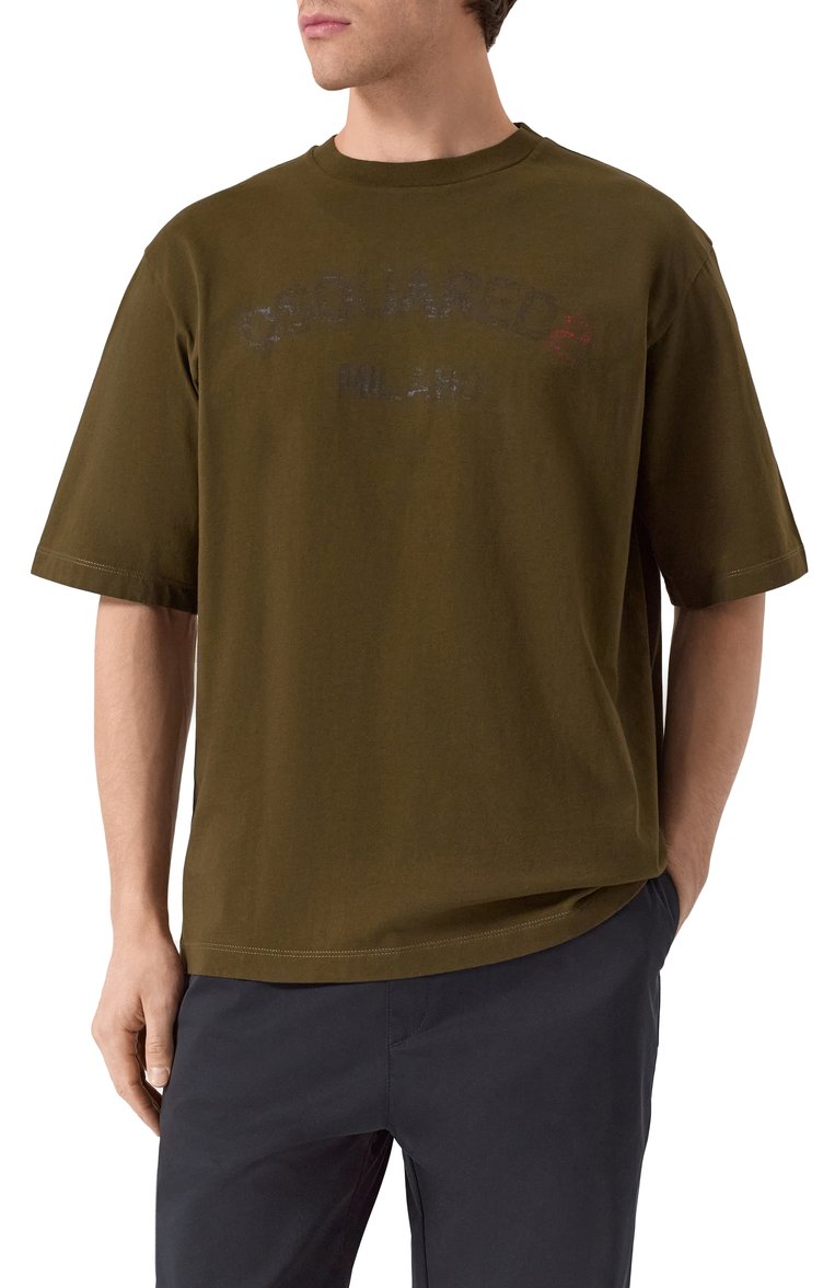 Мужская хлопковая футболка DSQUARED2 хаки цвета, арт. S74GD1399/D20020 | Фото 3 (Длина (для топов): Стандартные; Материал внешний: Хлопок; Стили: Кэжуэл; Принт: С принтом; Мужское Кросс-КТ: Футболка-одежда; Кросс-КТ: Джерси; Автоматизация ТО: Проставлено; Автоматизация состава: Проставлено; Детали: Без декора; Рукава: Короткие)
