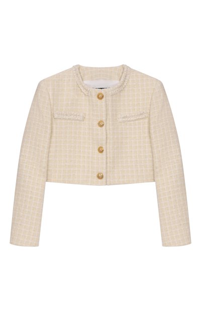 Детский твидовый жакет BALMAIN кремового цвета по цене 74050 руб., арт. BX2A64 | Фото 1 Твидовый жакет BALMAIN, арт. BX2A64