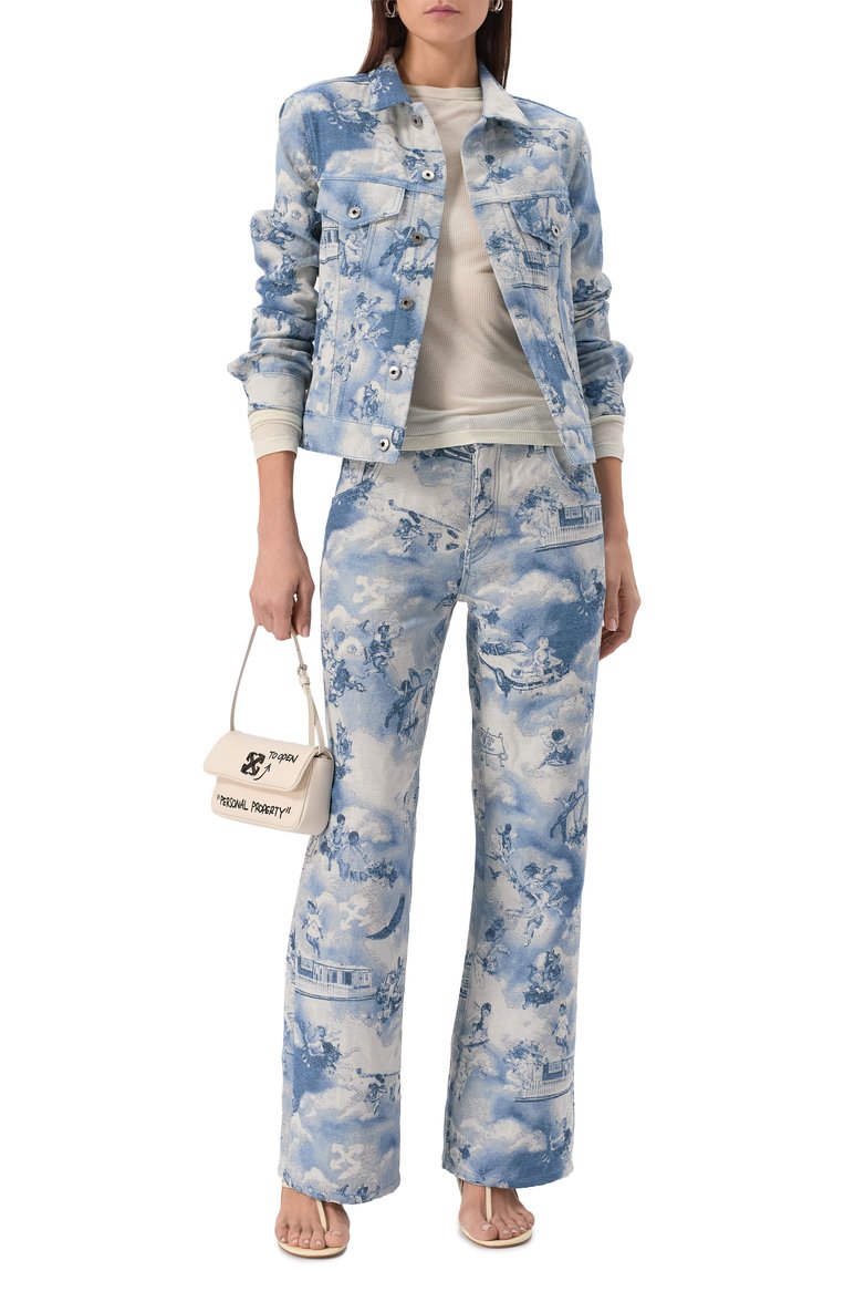 Женская джинсовая куртка OFF-WHITE голубого цвета, арт. 0WYE012S25FAB001 | Фото 2 (Материал внешний: Синтетический материал, Хлопок, Деним; Рукава: Длинные; Материал подклада: Синтетический материал; Автоматизация ТО: Проставлено; Длина (верхняя одежда): Короткие; Автоматизация состава: Проставлено; Стили: Кэжуэл; Кросс-КТ: Деним, Куртка, Легкие)