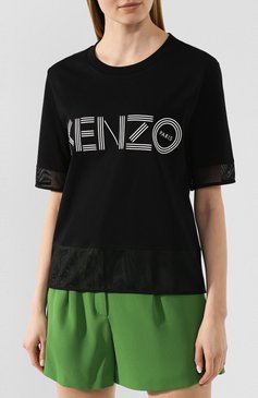 Женская хлопковая футболка KENZO черного цвета, арт. FA52TS617986 | Фото 3 (Рукава: Короткие; Длина (для топов): Стандартные; Принт: С принтом; Материал сплава: Проставлено; Материал внешний: Хлопок; Стили: Спорт-шик; Женское Кросс-КТ: Футболка-одежда; Статус проверки: Проверено; Драгоценные камни: Проставлено)