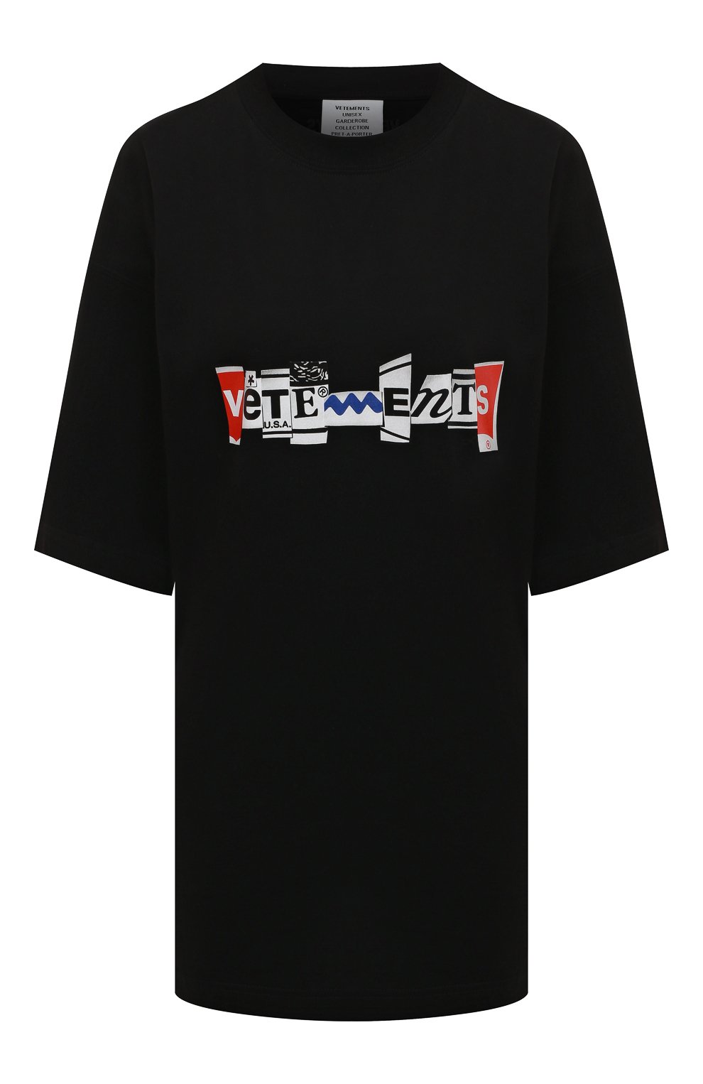 Хлопковая футболка VETEMENTS черного цвета по цене 38900 руб., арт. UA53TR220B 1611/W, фото 1 Хлопковая футболка VETEMENTS, арт. UA53TR220B 1611/W, фото 1