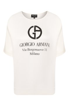 Женская шелковая футболка GIORGIO ARMANI белог�о цвета, арт. 0SHCCZ20/TZ500 | Фото 1 (Материал внешний: Шелк; Рукава: Короткие; Длина (для топов): Стандартные; Принт: С принтом; Региональные ограничения белый список (Axapta Mercury): RU; Материал сплава: Проставлено; Женское Кросс-КТ: Футболка-одежда; Драгоценные камни: Проставлено; Стили: Кэжуэл)