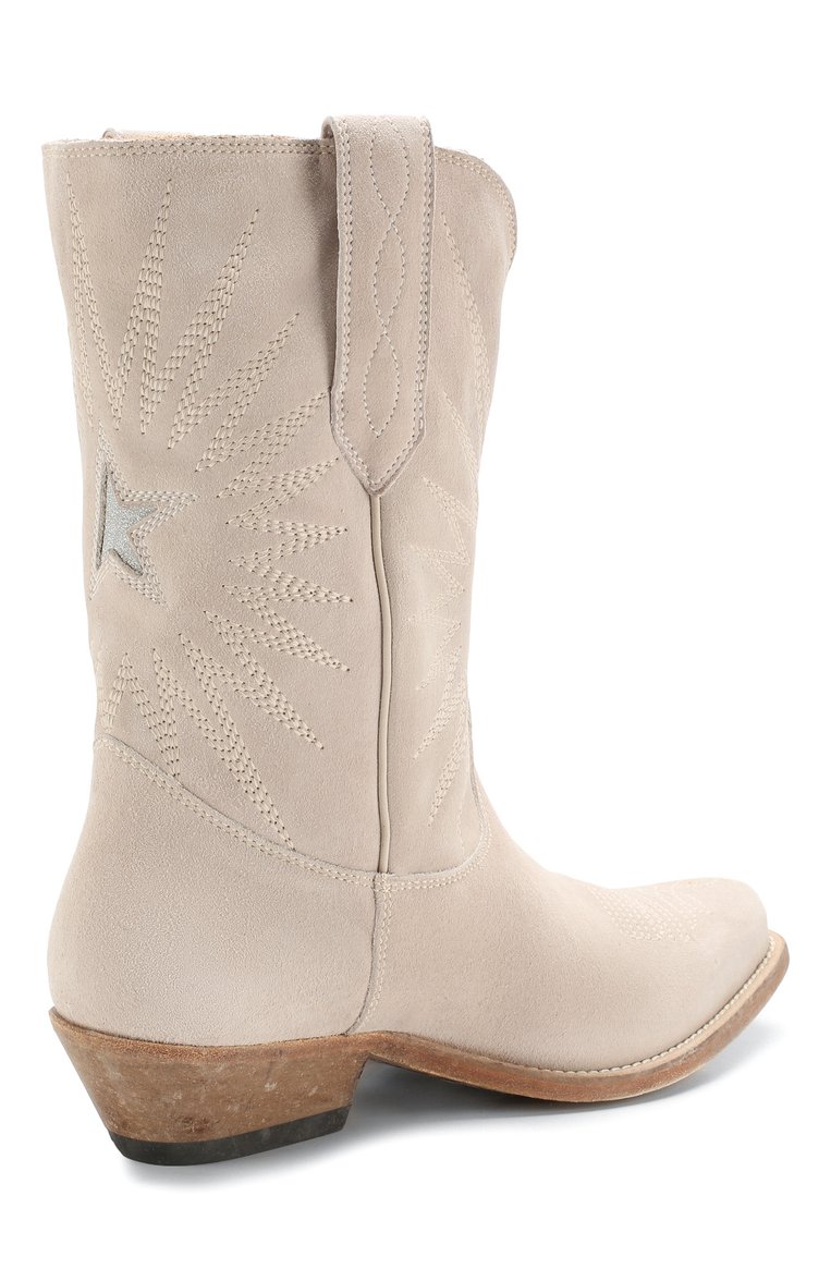 Женские замшевые сапоги wish star GOLDEN GOOSE DELUXE BRAND бежевого цвета, арт. G36WS781.B8 | Фото 4 (Каблук тип: Устойчивый; Каблук высота: Низкий; Материал внутренний: Натуральная кожа; Подошва: Плоская; Высота голенища: Низкие; Женское Кросс-КТ: Без шнуровки-ботинки, Казаки-сапоги; Материал внешний: Замша, Натуральная кожа; Материал утеплителя: Без утеплителя; Материал сплава: Проставлено; Драгоценные камни: Проставлено)