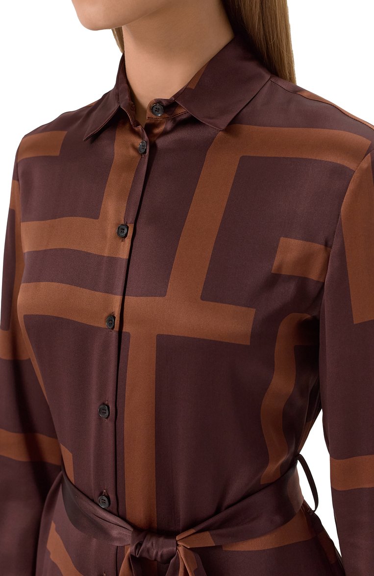 Женское шелковое платье KITON коричневого цвета, арт. D57304K0926E08 | Фото 5 (Автоматизация ТО: Проставлено; Длина Ж (юбки, платья, шорты): Миди; Материал внешний: Шелк; Автоматизация состава: Проставлено; Рукава: Длинные; Женское Кросс-КТ: Платье-одежда; Случай: Повседневный; Стили: Кэжуэл)