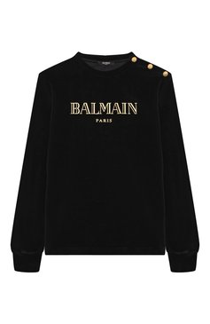 Детский хлопковый свитшот BALMAIN черного цвета, арт. BV4R60 | Фото 1 (Рукава: Длинные; Материал внешний: Хлопок; Драгоценные камни: Проставлено; Материал сплава: Проставлено; Девочки Кросс-КТ: Свитшот-одежда; Ростовка одежда: 16 лет | 164 см, 13 - 15 лет | 158 см, 6 лет | 116 см, 10 - 11 лет | 140 - 146см, 12 лет | 152 см, 8 лет | 128 см)