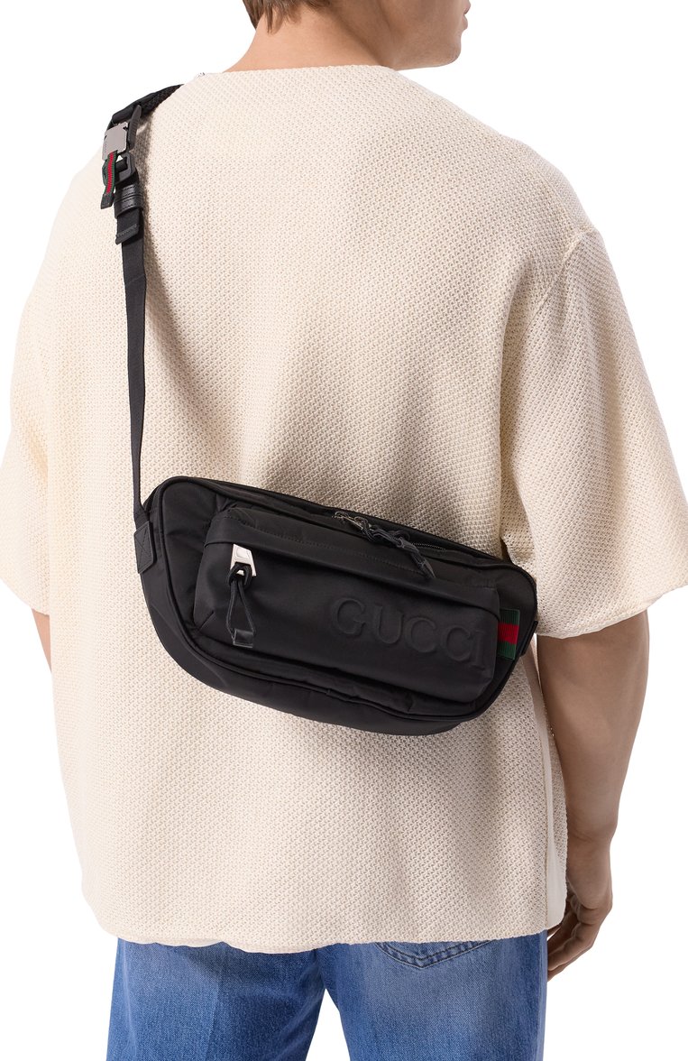 Мужская поясная сумка GUCCI черного цвета, арт. 802096/FADUM | Фото 2 (Материал: Текстиль; Размер: medium; Ремень/цепочка: На ремешке; Случай: Повседневный)