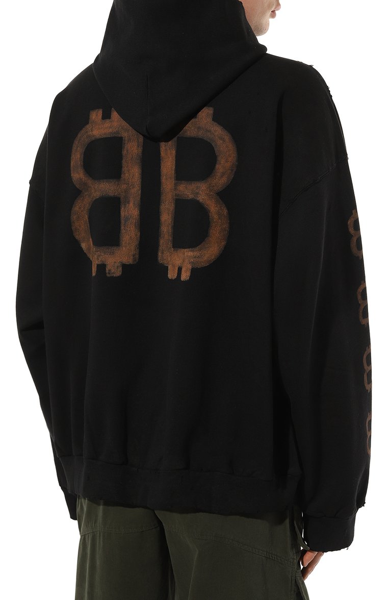Мужской хлопковое худи BALENCIAGA черного цвета, арт. 742603/T0VN7 | Фото 4 (Рукава: Длинные; Длина (для топов): Стандартные; Материал внешний: Хлопок; Стили: Спорт-шик; Принт: С принтом; Мужское Кросс-КТ: Худи-одежда)