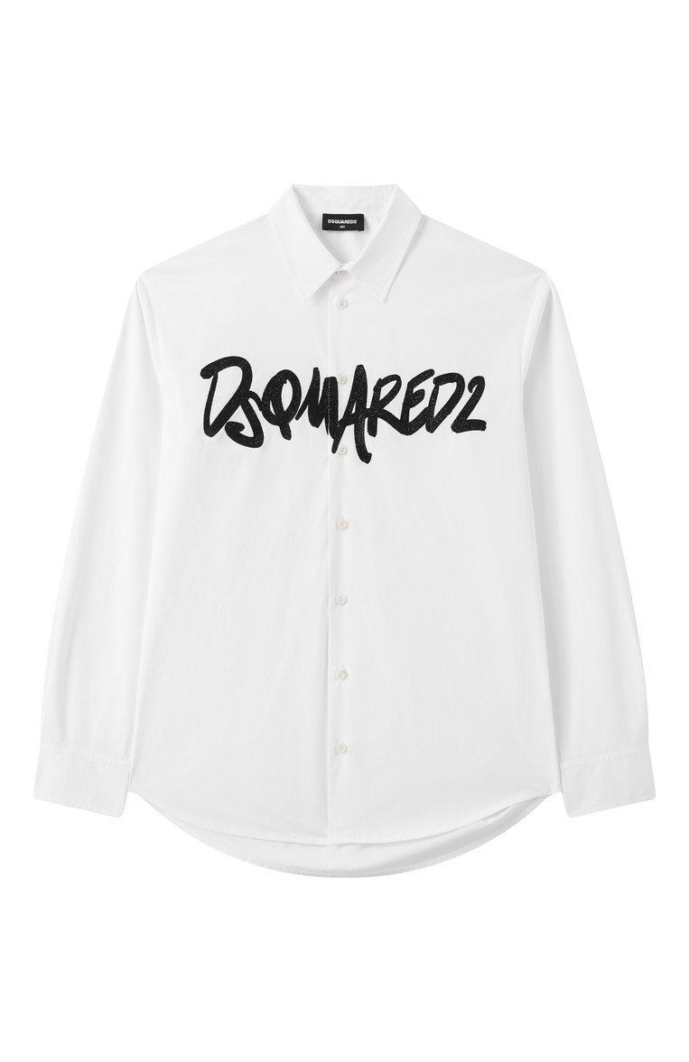 Детская хлопковая рубашка DSQUARED2 белого цвета, арт. DQ2708/D007D | Фото 1 (Драгоценные камни: Проставлено; Рукава: Длинные; Материал сплава: Проставлено; Случай: Повседневный; Материал внешний: Хлопок; Ростовка одежда: 8 лет | 128 см, 16 лет | 164 см, 13 - 15 лет | 158 см, 10 - 11 лет | 140 - 146см)