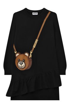 Детское хлопковое платье MOSCHINO черного цвета, арт. HDV0C0/LDA16 | Фото 1 (Материал внешний: Хлопок; Рукава: Длинные; Девочки Кросс-КТ: Платье-одежда; Случай: Повседневный; Материал сплава: Проставлено; Драгоценные камни: Проставлено; Ростовка одежда: 10 - 11 лет | 140 - 146см, 12 лет | 152 см, 4 года | 104 см, 5 лет | 110 см, 6 лет | 116 см, 8 лет | 128 см)