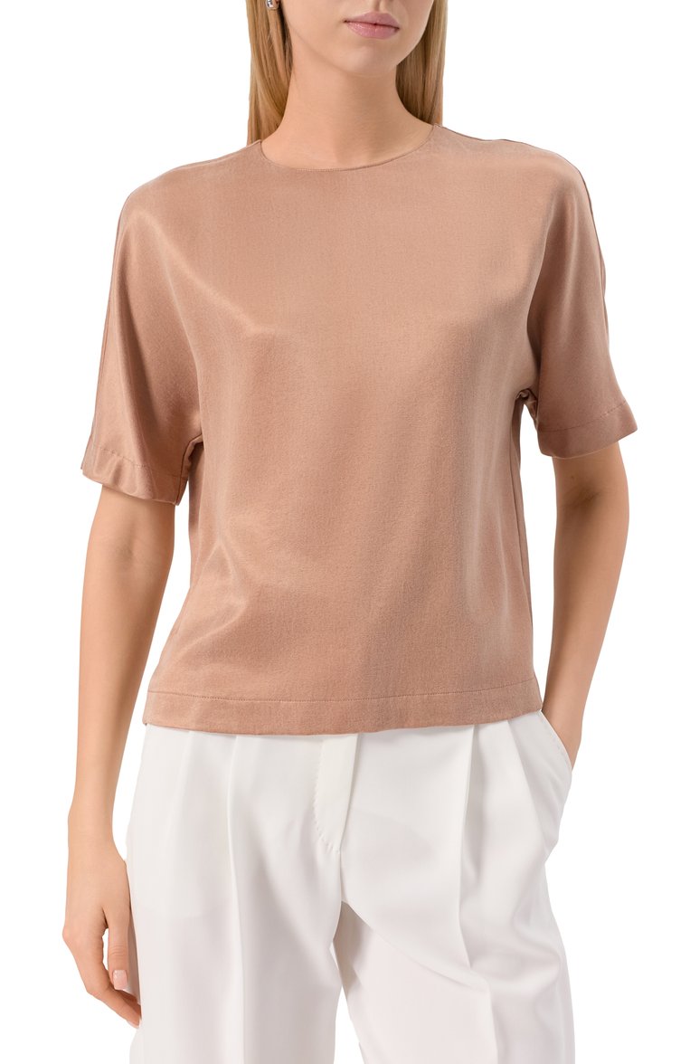 Женский топ GIORGIO ARMANI бежевого цвета, арт. GW000790/TE13750 | Фото 3 (Длина (для топов): Стандартные; Материал внешний: Вискоза; Рукава: Короткие; Стили: Минимализм)