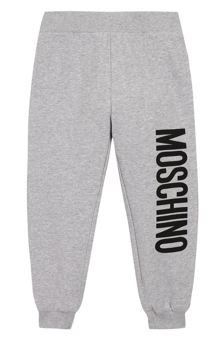 Детские хлопковые джоггеры MOSCHINO серого цвета, арт. HUP03L/LDA00/4A-8A | Фото 1 (Материал внешний: Хлопок; Статус проверки: Проверена катего�рия; Девочки Кросс-КТ: Джоггеры-одежда, Брюки-спорт; Нос: Не проставлено)