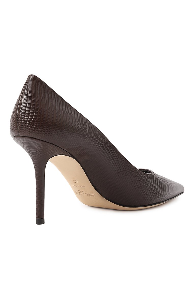 Женские кожаные туфли love 85 JIMMY CHOO темно-коричневого цвета, арт. L0VE 85/PWJ | Фото 5 (Драгоценные камни: Проставлено; Подошва: Плоская; Каблук высота: В�ысокий; Материал сплава: Проставлено; Материал внешний: Натуральная кожа; Материал внутренний: Натуральная кожа; Каблук тип: Шпилька)