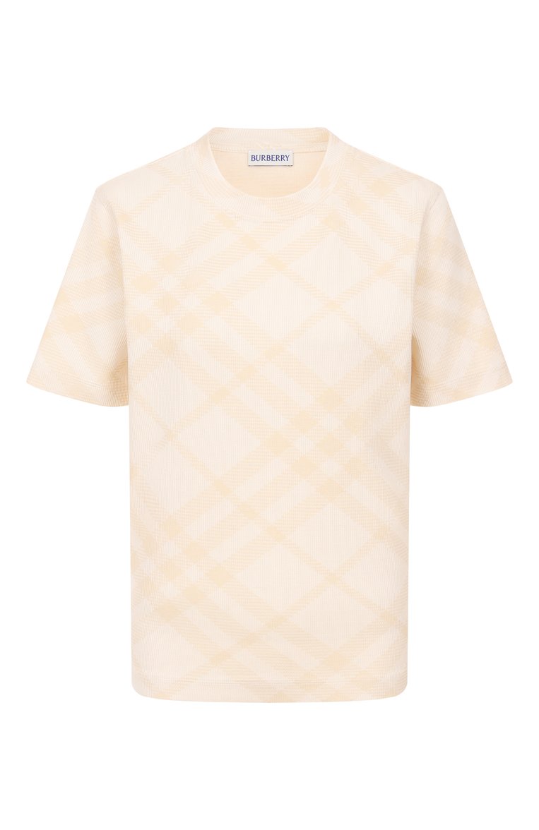Женская хлопковая футболка BURBERRY кремового цвета, арт. 8106674 | Фото 1 (Рукава: Короткие; Материал внешний: Хлопок; Длина (для топов): Стандартные; Автоматизация ТО: Проставлено; Автоматизация состава: Проставлено; Принт: С принтом; Стили: Кэжуэл; Женское Кросс-КТ: Футболка-одежда)