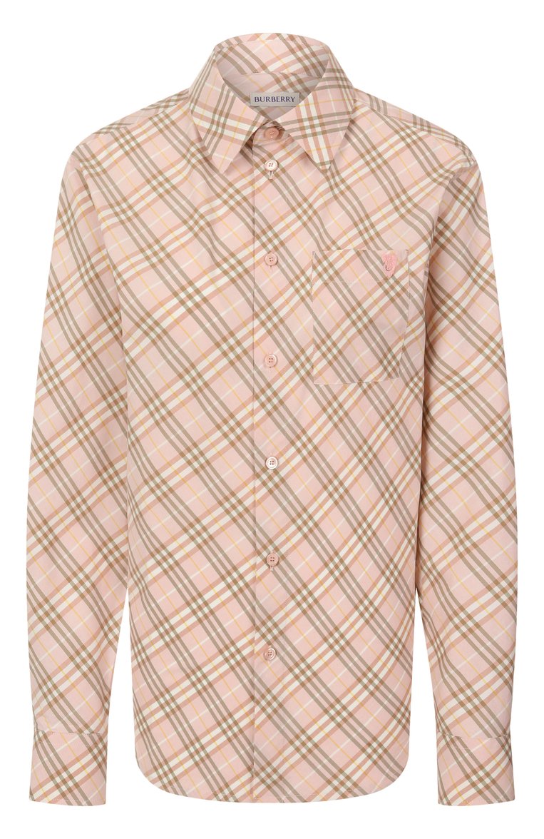 Женская хлопковая рубашка BURBERRY розового цвета, арт. 8101134 | Фото 1 (Длина (для топов): Удлиненные; Стили: Кэжуэл; Принт: Клетка, С прин�том; Рукава: Длинные; Материал внешний: Хлопок; Женское Кросс-КТ: Рубашка-одежда)