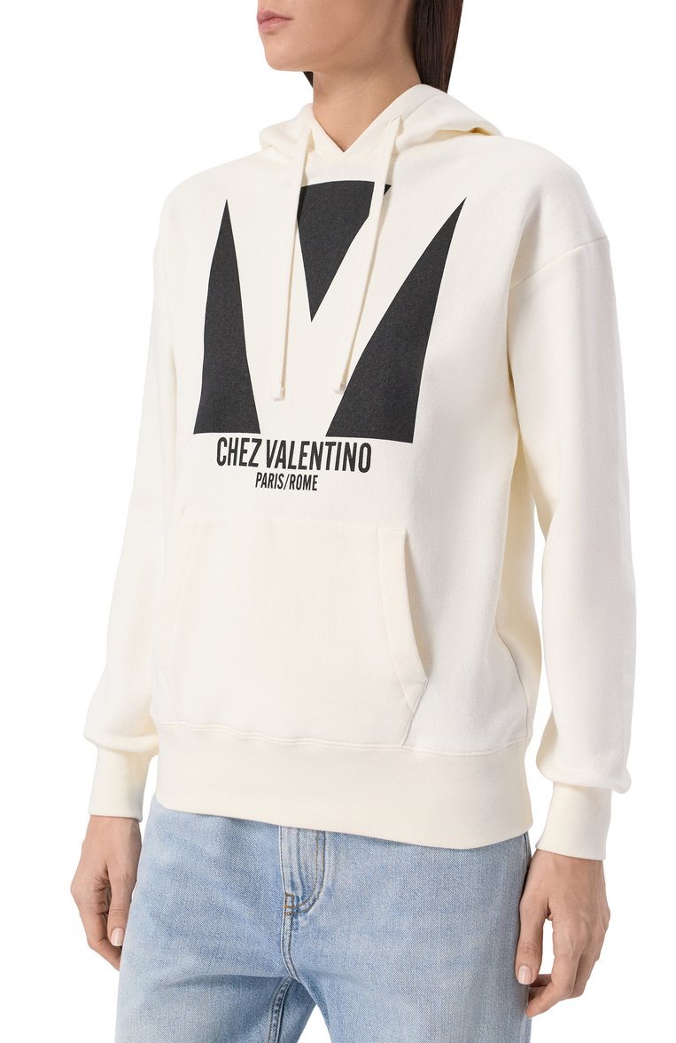 Женский хлопковое худи VALENTINO молочного цвета, арт. 6B3MF24I960 | Фото 3 (Материал внешний: Хлопок; Рукава: Длинные; Длина (для топов): Стандартные; Стили: Кэжуэл; Женское Кросс-КТ: Худи-одежда)