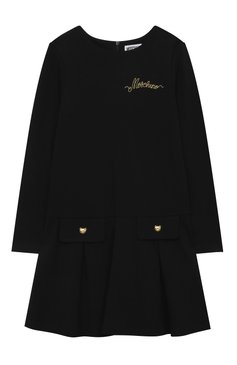 Детское платье из вискозы MOSCHINO черного цвета, арт. HDV0DU/LJA07/10A-14A | Фото 1 (Рукава: Длинные; Случай: Повседневный; Материал сплава: Проставлено; Материал внешний: Вискоза; Драгоценные камни: Проставлено)