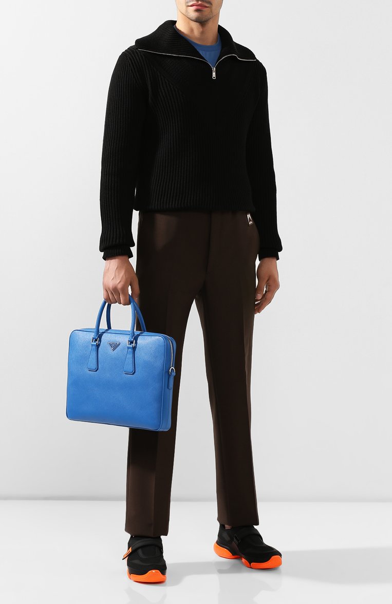 Мужская кожаная сумка для ноутбука PRADA синего цвета, арт. 2VE368-9Z2-F0NOF | Фото 2 (Ремень/цепочка: На ремешке; Материал: Натуральная кожа; Статус проверки: Проверена категория, Проверено; Размер: large)