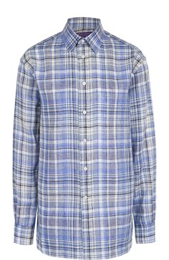 Женская льняная блуза свободного кроя в клетку RALPH LAUREN синего цвета, арт. 290707940 | Фото 1 (Рукава: Длинные; Материал внешний: Лен; Женское Кросс-КТ: Блуза-одежда; Принт: Клетка, С принтом; Длина (для топов): Удлиненные; Стили: Кэжуэл; Материал сплава: Проверено, Проставлено; Драгоценные камни: Проставлено)