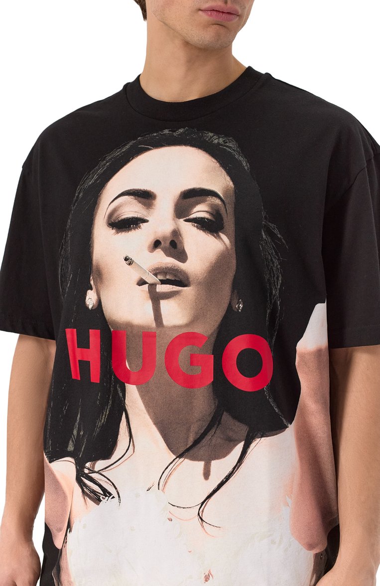Мужская хлопковая футболка HUGO черного цвета, арт. 50535314 | Фото 5 (Длина (для топов): Стандартные; Материал внешний: Хлопок; Рукава: Короткие; Стили: Кэжуэл; Принт: С принтом; Кросс-КТ: Джерси; Мужское Кросс-КТ: Футболка-одежда)