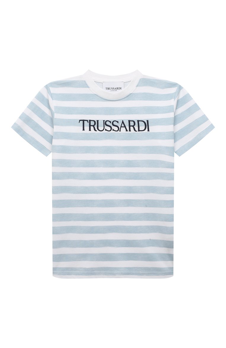 Детская хлопковая футболка TRUSSARDI JUNIOR голубого цвета, арт. TBP23012TS | Фото 1 (Рукава: Короткие; Материал внешний: Хлопок; Мальчики Кросс-КТ: Футболка-одежда; Материал сплава: Проставлено; Драгоценные камни: Проставлено)