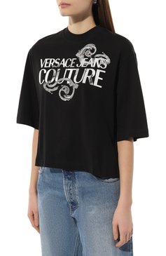 Женская хлопковая футболка VERSACE JEANS COUTURE черного цвета, арт. 76HAHG01/CJ00G | Фото 3 (Длина (для топов): Стандартные; Принт: С принтом; Материал сплава: Проставлено; Материал внешний: Хлопок; Стили: Спорт-шик; Женское Кросс-КТ: Футболка-одежда; Драгоценные камни: Проставлено; Рукава: 3/4)