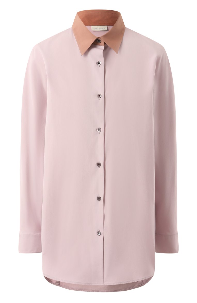 Женская хлопковая рубашка DRIES VAN NOTEN светло-розового цвета, арт. 242-010708-9244 | Фото 1 (Материал сплава: Проставлено; Драгоценные камни: Проставл�ено; Рукава: Длинные; Длина (для топов): Удлиненные; Стили: Классический; Принт: Без принта; Женское Кросс-КТ: Рубашка-одежда; Материал внешний: Хлопок)