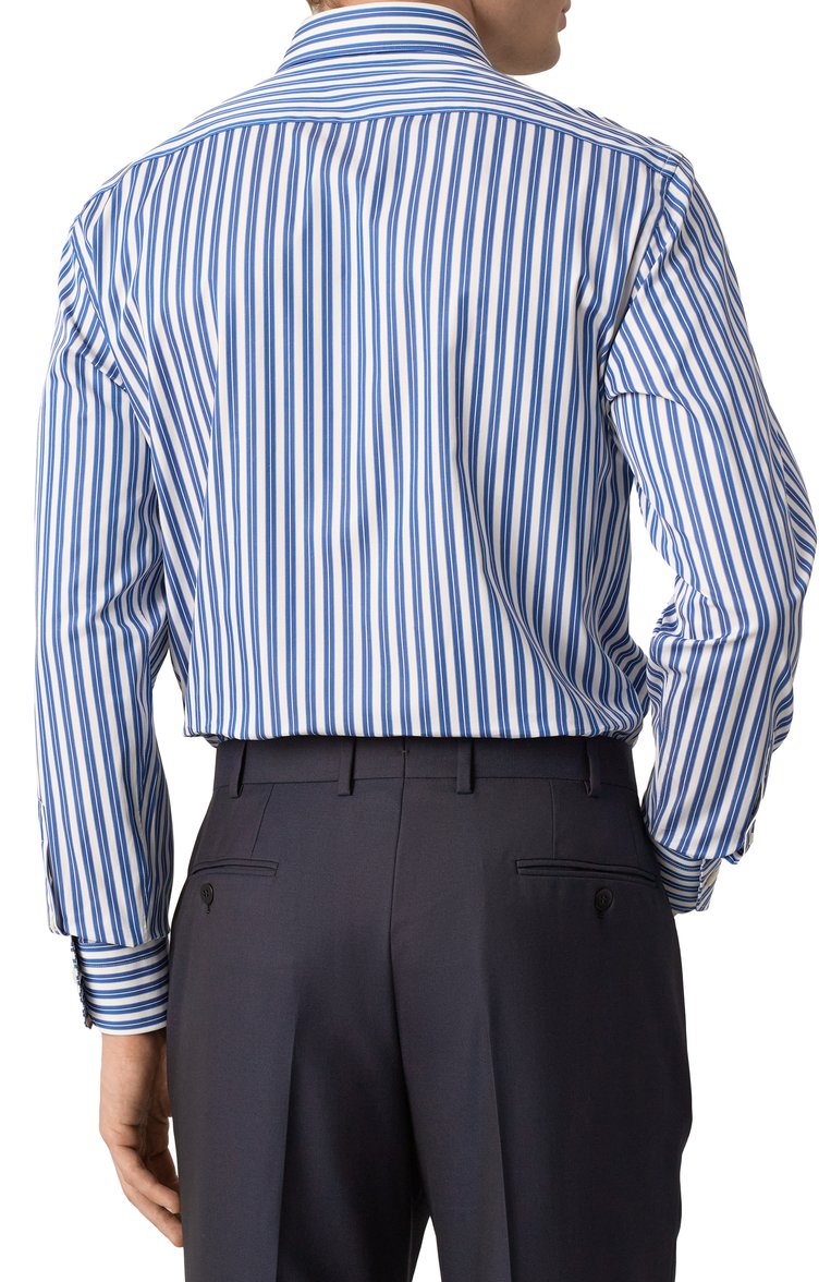 Мужская хлопковая рубашка ZEGNA темно-синего цвета, арт. 701526A7/9MS0JI | Фото 4 (Материал сплава: Проставлено; Материал внешний: Хлопок; Рукава: Длинные; Стили: Кэжуэл; Драгоценные камни: Проставлено; Длина (для топов): Стандартные; Рубашки М: Slim Fit; Воротник: Кент; Манжеты: На пуговицах; Принт: Полоска; Случай: Повседневный)