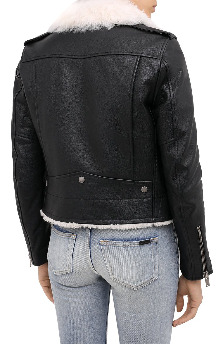 Женская кожаная куртка SAINT LAURENT черного цвета, арт. 633866/YCDD2 | Фото 4 (Длина (верхняя одежда): Короткие; Рукава: Длинные; Женское Кросс-КТ: Замша и кожа; Кросс-КТ: Куртка, Утепленные; Материал утеплителя: Натуральный мех; Материал внешний: Натуральная кожа; Автоматизация состава: Проставлено; Автоматизация ТО: Проставлено)