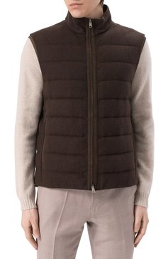 Мужской пуховый жилет ZEGNA темно-коричневого цвета, арт. E105/UET48A8 | Фото 3 (Материал подклада: Синтетический материал; Материал внешний: Шерсть, Кашемир; Длина (верхняя одежда): Короткие; Материал сплава: Проставлено; Драгоценные камни: Проставлено; Стили: Кэжуэл; Мужское Кросс-КТ: жилеты-тонкие)