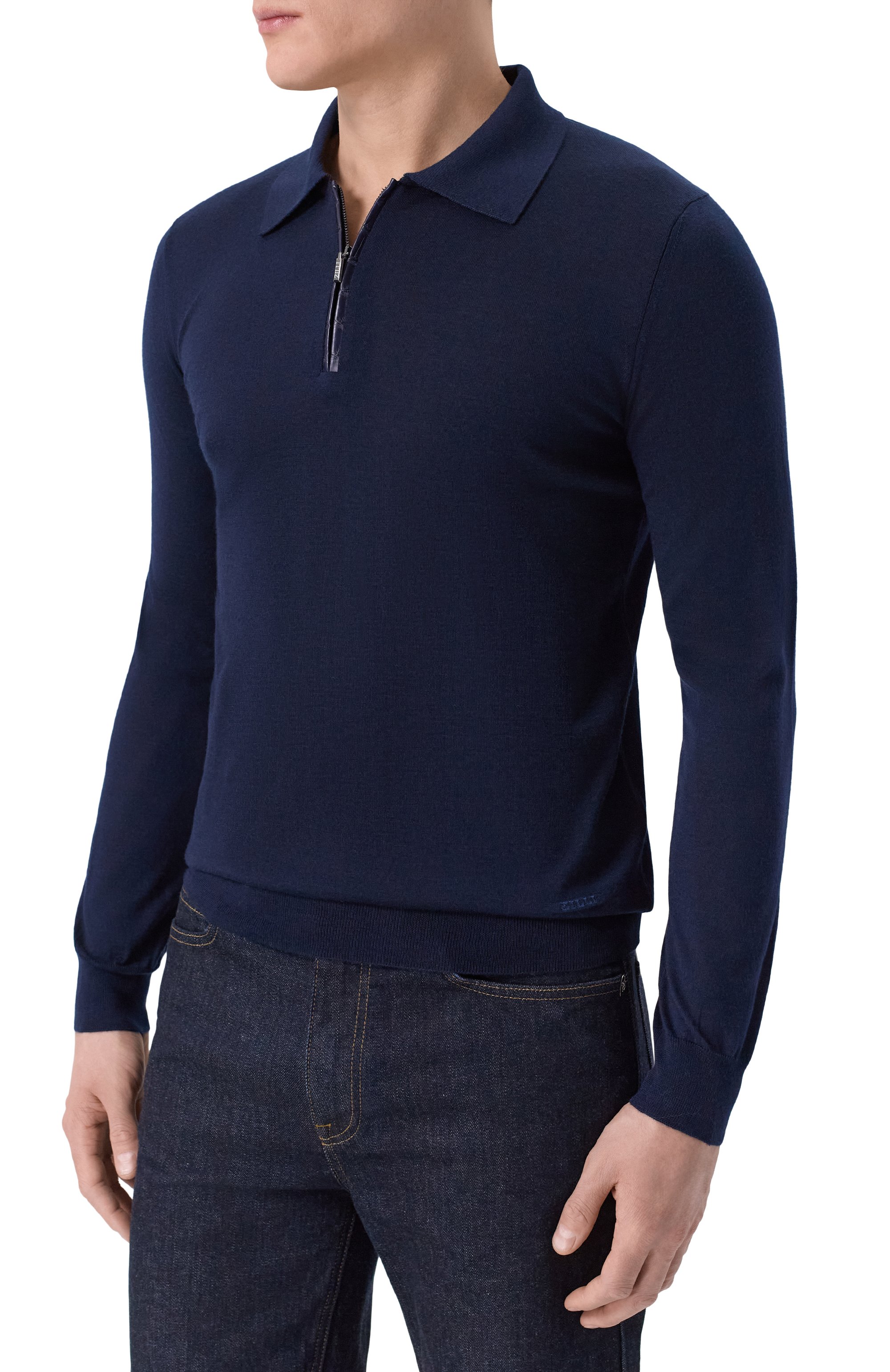 Поло из кашемира и шелка с отделкой из кожи аллигатора ZILLI темно-синего цвета по цене 231500 руб., арт. KZP001M0340VZL000, фото 3 Поло из кашемира и шелка с отделкой из кожи аллигатора ZILLI, арт. KZP001M0340VZL000, фото 3