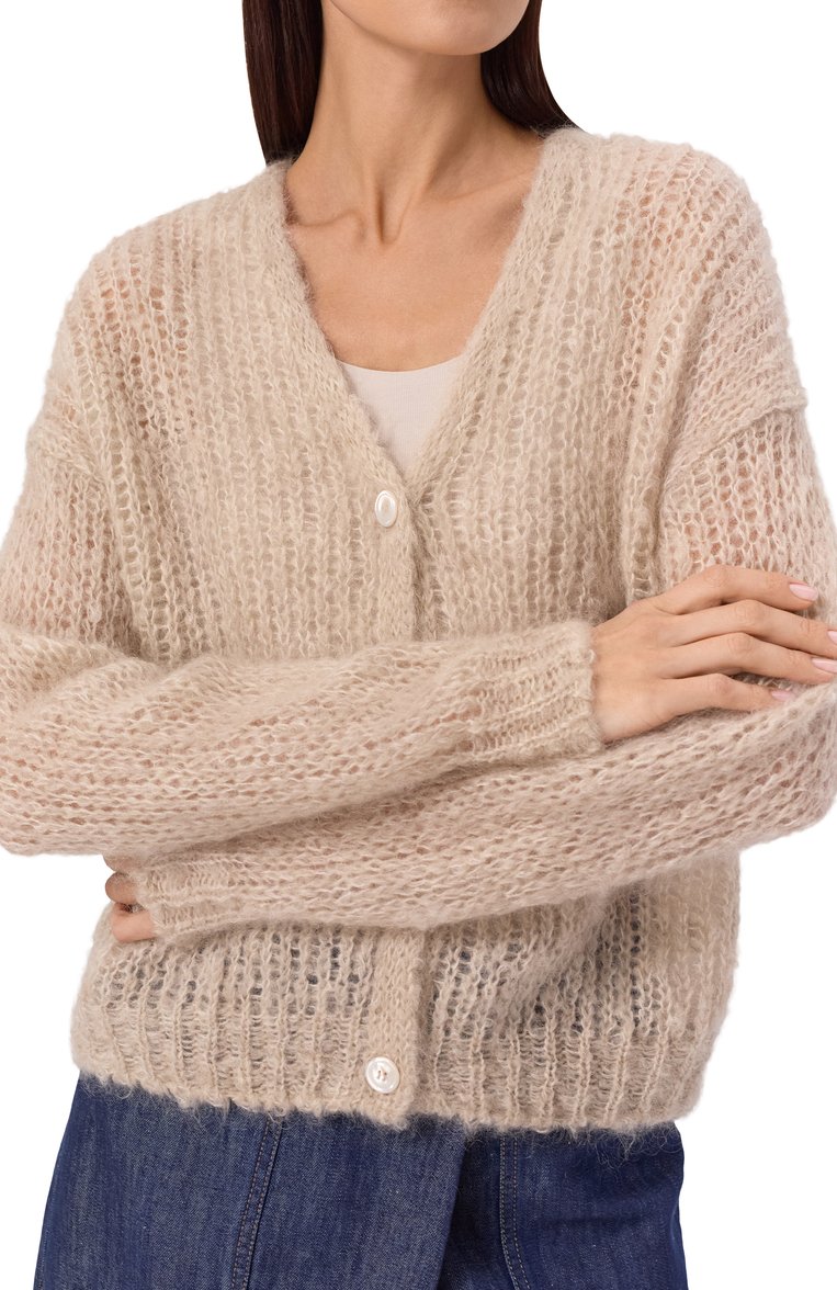 Женский шерстяной кардиган WEEKEND MAX MARA бежевого цвета, арт. P0NTIAC | Фото 5 (Длина (для топов): Стандартные; Рукава: Длинные; Материал внешний: Шерсть; Автоматизация ТО: Проставлено; Автоматизация состава: Проставлено; Стили: Кэжуэл; Женское Кросс-КТ: кардиган-трикотаж)