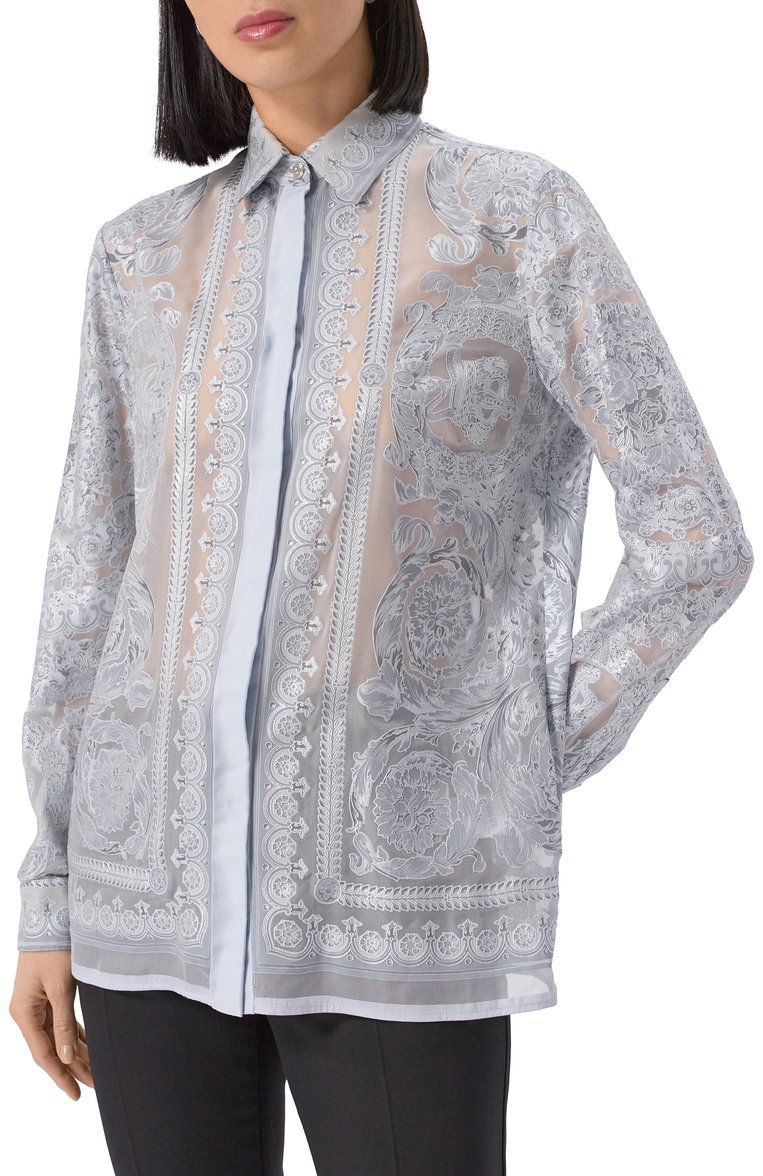 Женская блузка из вискозы и шелка VERSACE голубого цвета, арт. 1001360/1A13358 | Фото 3 (Материал внешний: Вискоза, Шелк; Рукава: Длинные; Длина (для топов): Стандартные; Принт: С принтом; Женско�е Кросс-КТ: Блуза-одежда; Стили: Классический)