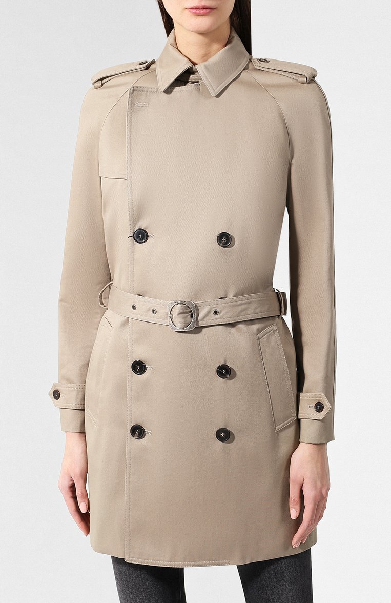 Женский хлопковый тренч SAINT LAURENT бежевого цвета, арт. 560541/Y600U | Фото 3 (Рукава: Длинные; Статус проверки: Проверена категория, Проверено; Материал внешний: Хлопок; Рукава от горловины: Длинные; Материал подклада: Вискоза; Длина (верхняя одежда): До середины бедра; Стили: Классический; Кросс-КТ: Куртка)
