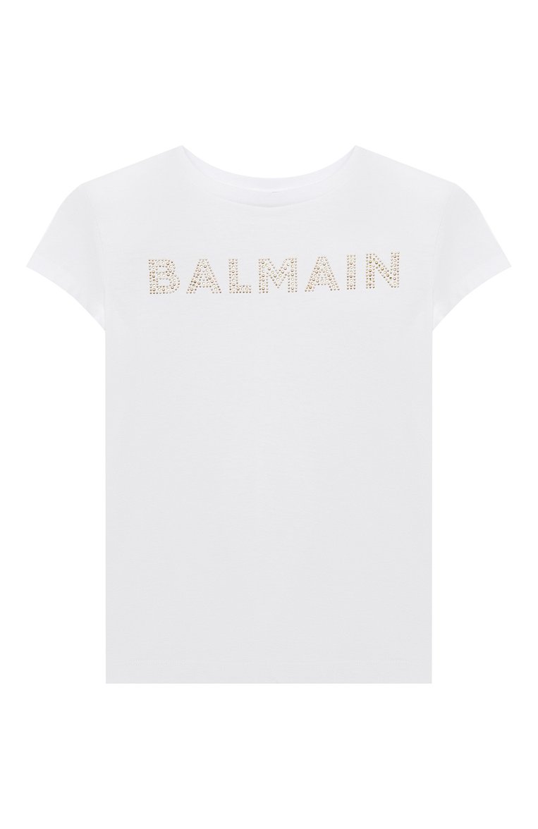Детская хлопковая футболка BALMAIN белого цвета, арт. BT8A21 | Фото 1 (Рукава: Короткие; Материал внешний: Хлопок; Девочки Кросс-КТ: футболка-одежда; Автоматизация состава: Проставлено; Автоматизация ТО: Проставлено; Ростовка одежда: 10 - 11 лет | 140 - 146см, 12 лет | 152 см, 13 - 15 лет | 158 см, 6 лет | 116 см, 8 лет | 128 см)