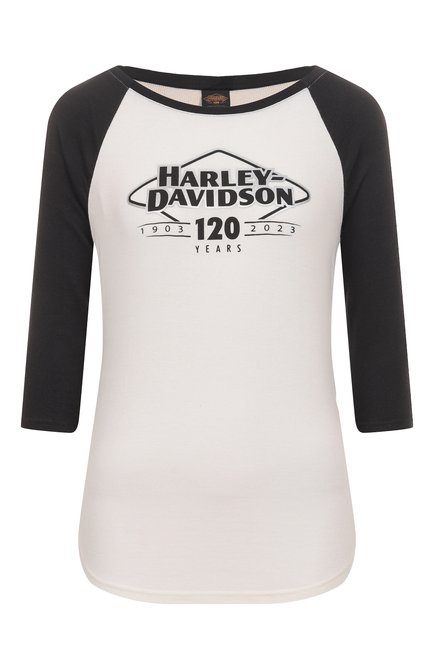 Женская лонгслив HARLEY-DAVIDSON черно-белого цвета, арт. 96683-23VW | Фото 1 (Стили: Гранж; Автоматизация ТО: Проставлено; Принт: С принтом; Рукава: 3/4; Материал внешний: Синтетический материал, Хлопок; Детали: Без декора; Женское Кросс-КТ: Лонгслив-одежда; Длина (для топов): Стандартные; Автоматизация состава: Проставлено)