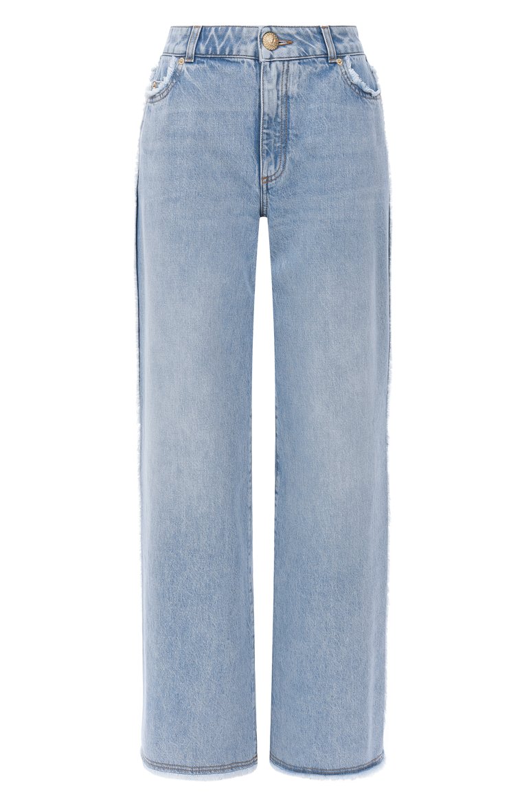 Женские джинсы BALMAIN голубого цвета, арт. EF0MI050/DF75 | Фото 1 (Длина (брюки, джинсы): Удлиненные; Материал внешний: Хлопок, Деним; Кросс-КТ: Деним; Детали: Делаве, Бахрома, Стразы; Силуэт Ж (брюки и джинсы): Широкие; Стили: Кэжуэл; Автоматизация ТО: Проставлено; Автоматизация состава: Проставлено)