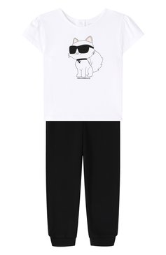 Детская комплект из футболки и брюк KARL LAGERFELD KIDS черно-белого цвета, арт. Z30517. | Фото 1 (Материал сплава: Проставлено; Материал внешний: Хлопок; Девочки Кросс-КТ: Костюмы-спорт; Рукава: Короткие; Драгоценные камни: Проставлено; Ростовка одежда: 24 мес | 92 см)
