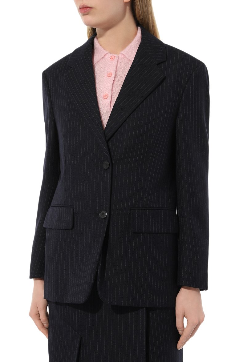 Женский шерстяной жакет PRADA синего цвета, арт. P599L-1ZM6-F0124-212 | Фото 3 (Длина (для топов): Удлиненные; Материал внешний: Шерсть; Рукава: Длинные; Женское Кросс-КТ: Жакет-одежда; 1-2-бортные: Однобортные)