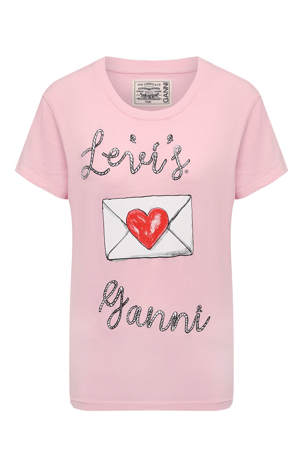 Хлопковая футболка ganni x levi's GANNI светло-розового цвета по цене 12650 руб., арт. T2827, фото 1 Хлопковая футболка ganni x levi's GANNI, арт. T2827, фото 1